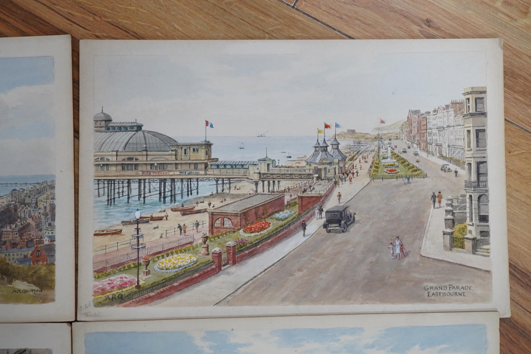 Alfred Robert Quinton (1853-1934), set of four original watercolours for postcard designs, Sussex coastal views comprising: Royal Parade bandstand, Eastbourne, Grand Parade, Eastbourne, Hastings from the castle and Rober